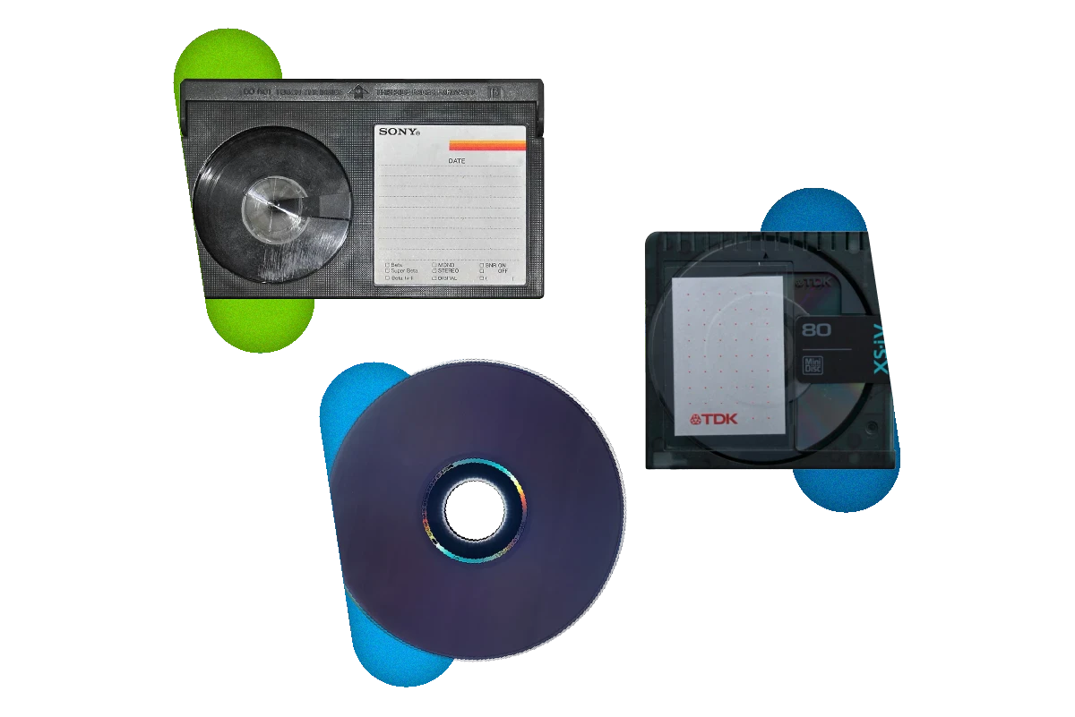 A betamax tape, a minidisk, and a bluray