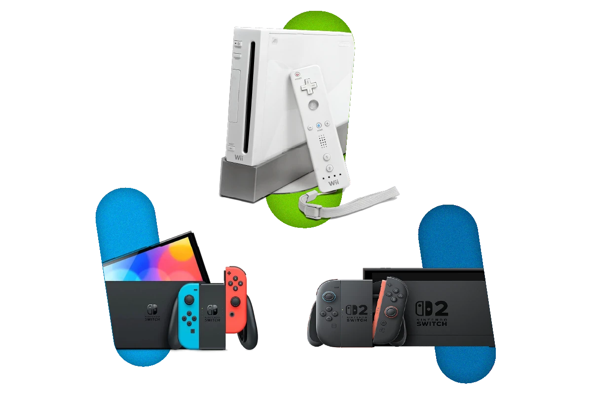 The Nintendo Wii, Switch, and Switch 2 consoles