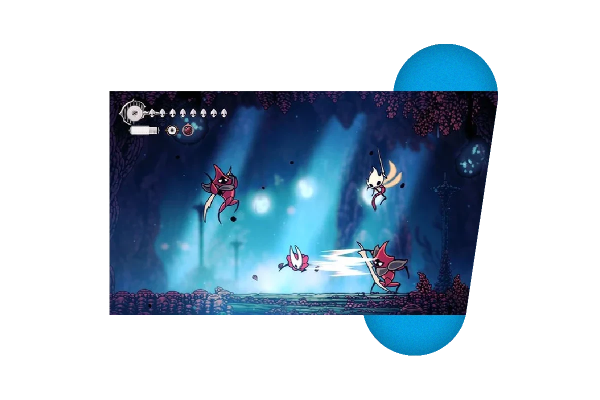 A screenshot of the Silksong video game. It shows the protagonist fighting with several enemies.