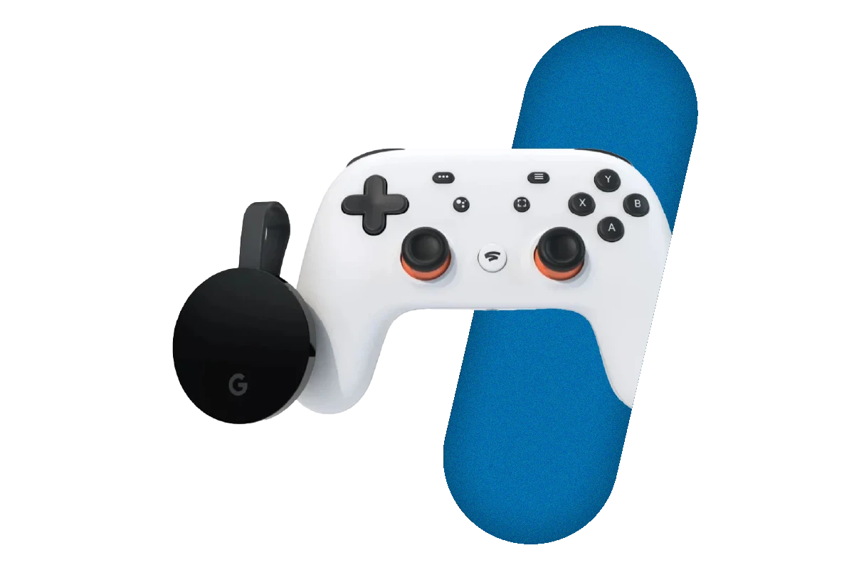A Google chromecast and a Google Stadia controller.