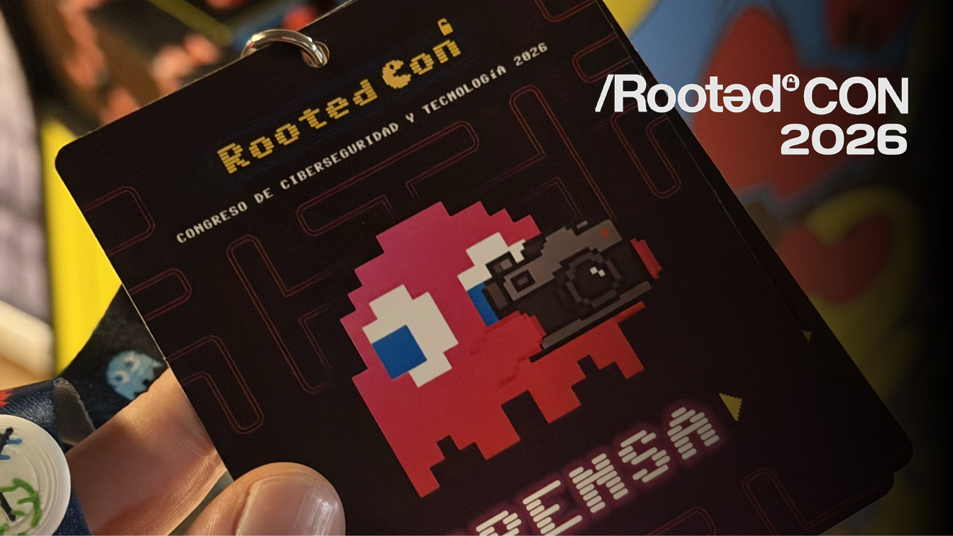 Photo of RootedCon's 2026 press badge.