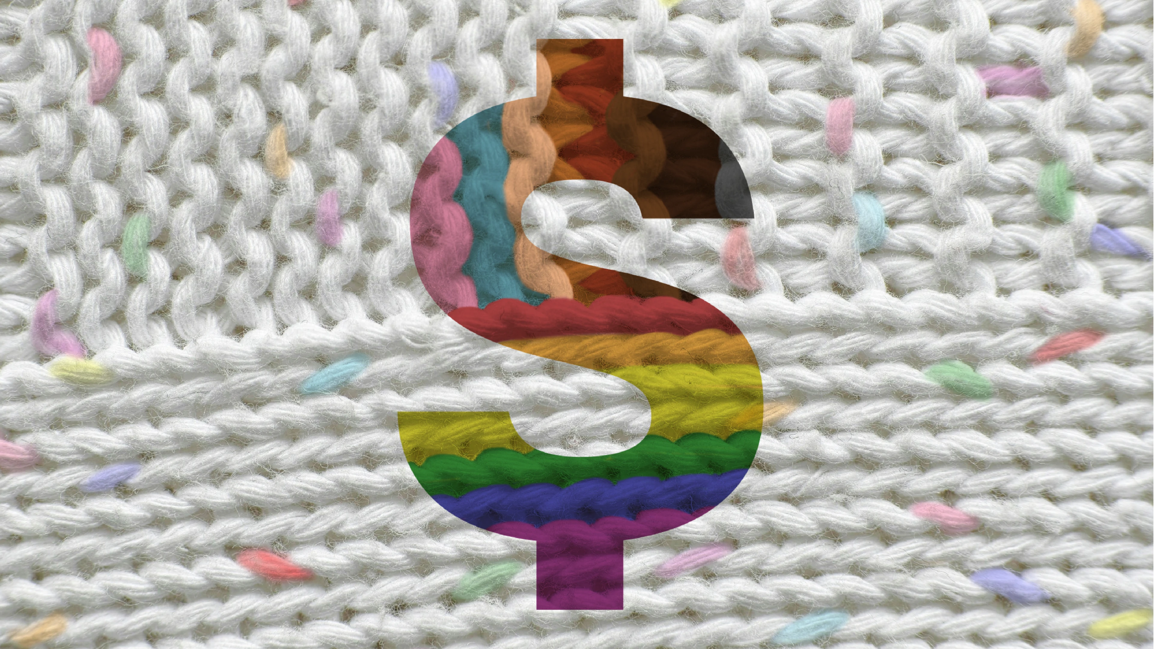 Símbolo de dolar sobre una textura de lana de punto. El símbolo de dólar tiene colores vivos y tonos de piel.