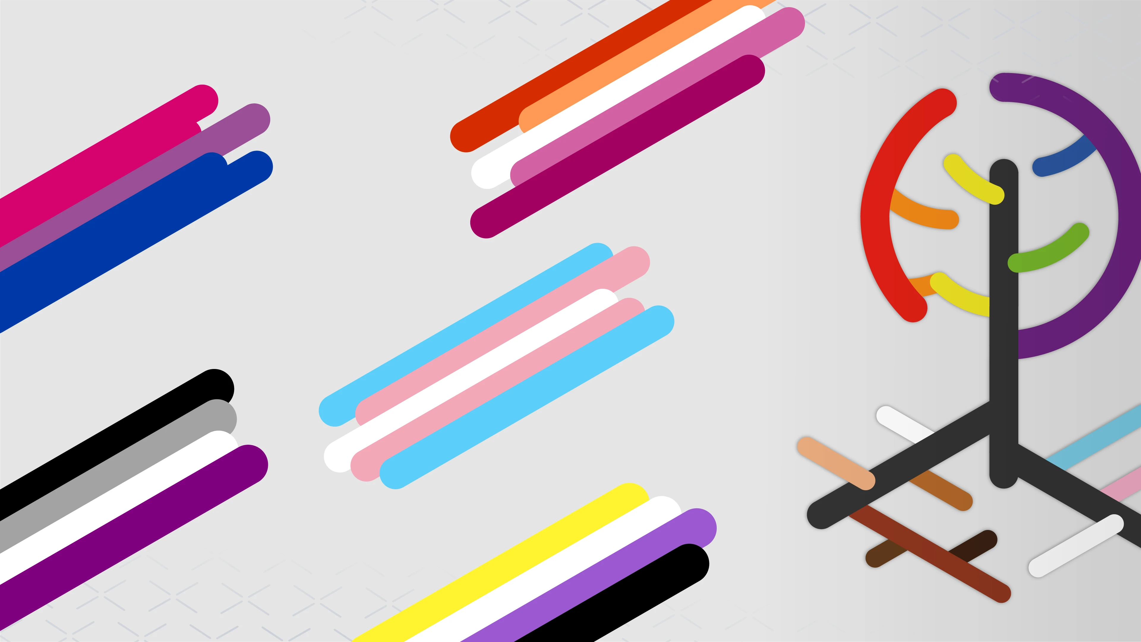 Varias banderas del orgullo, y el logo de RootNode en los colores de la bandera del orgullo.
