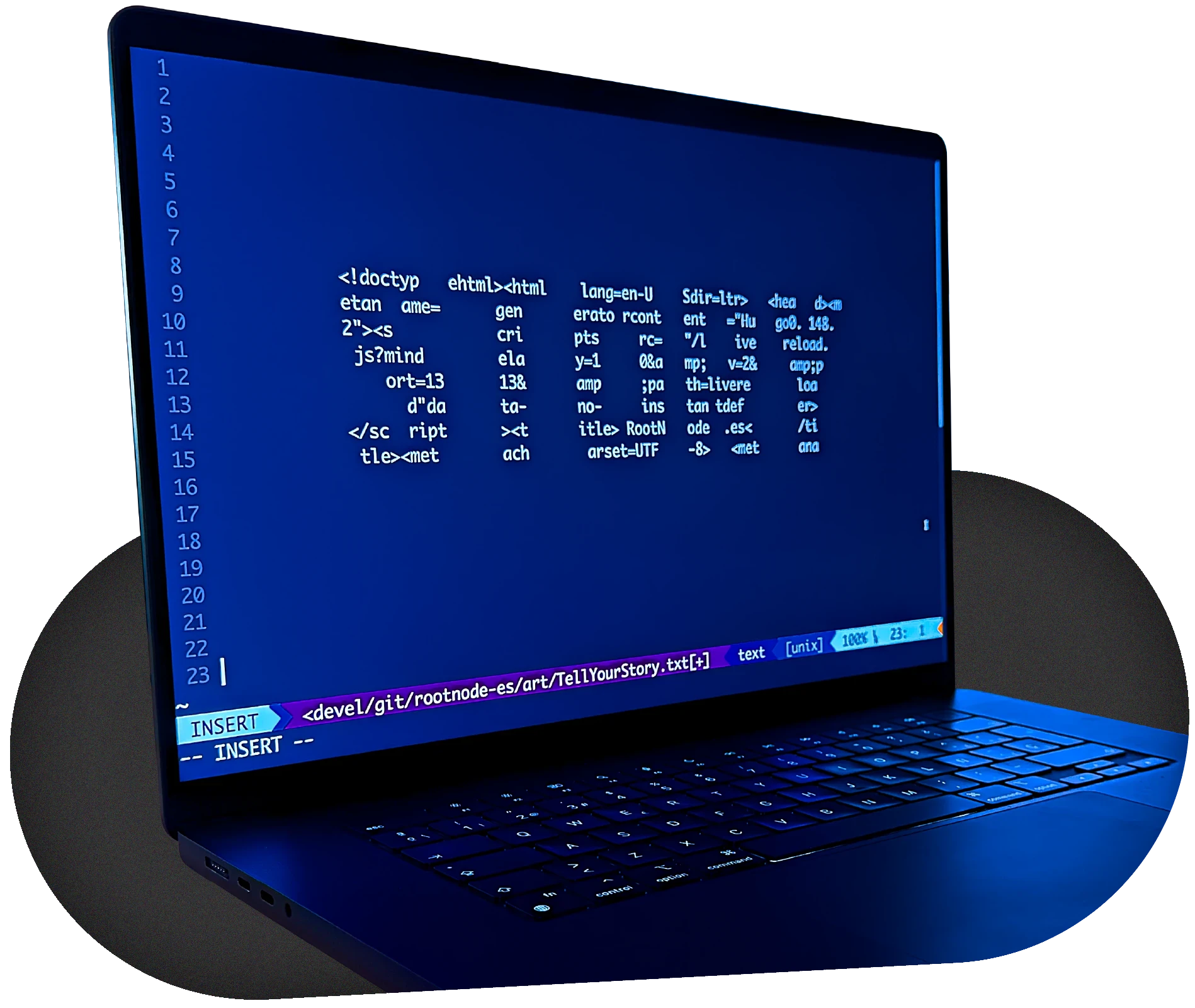 Laptop screen showing code. The code is arranged in a way that spells STORY.