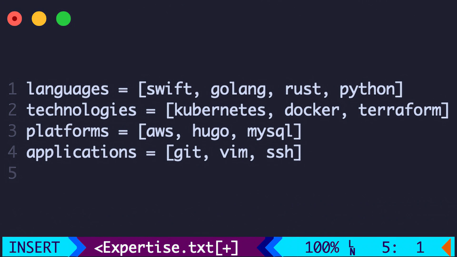Code editor listing several programming languages and technologies.